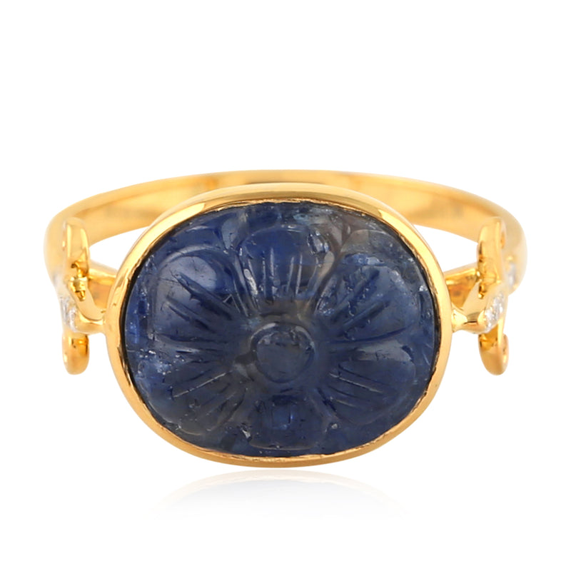 Solid Yellow Gold 0.06ct Real Diamond Blue Sapphire Carved Cocktail Ring