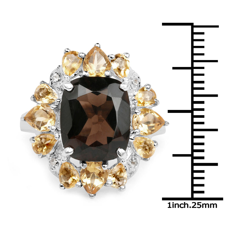 7.26 Carat Genuine Smoky Quartz, Citrine and White Topaz .925 Sterling Silver Ring