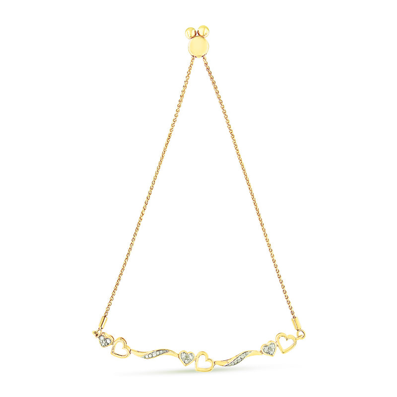 14K Yellow Gold Plated .925 Sterling Silver 1/10 Cttw Diamond Wave and Hearts 4”-10” Adjustable Bolo Bracelet (I-J Color, I3 Clarity)