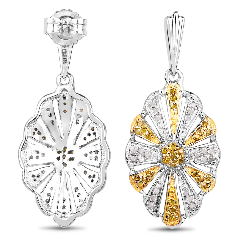 0.54 Carat Genuine White Diamond and Yellow Diamond .925 Sterling Silver Earrings