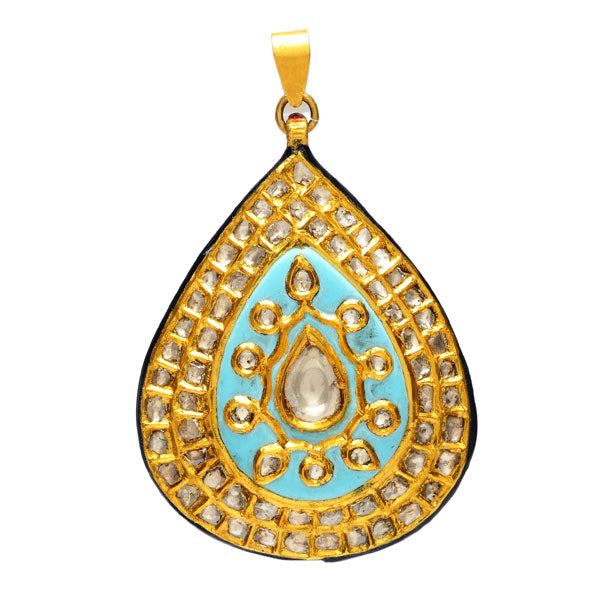 Natural Diamond Turquoise Pendant 22k Yellow Gold Indian Ethnic Jewelry