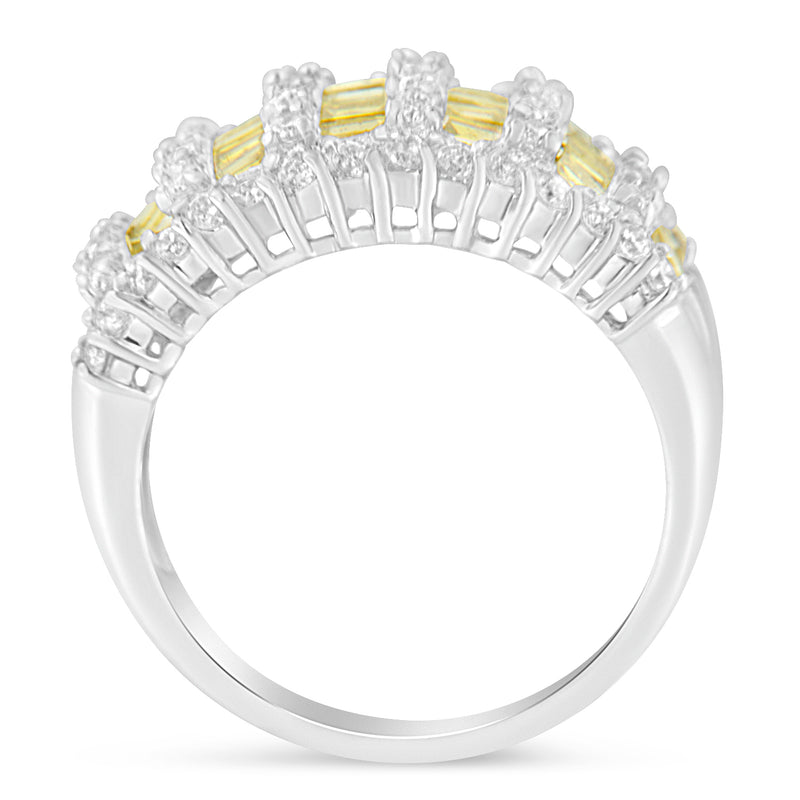 14k White Gold 1 1/2ct TDW Treated Yellow Baguette and Round Diamond Cluster Ring(H-I I1-I2)