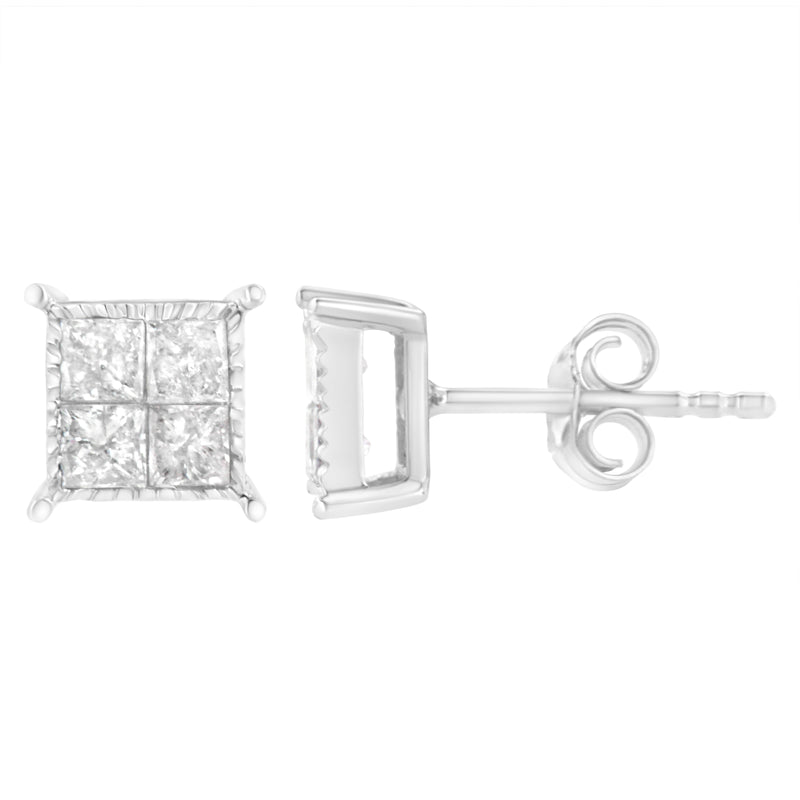 10K White Gold Square Earrings with Princess Cut Diamond (3/4 cttw, I-J Color, I2-I3 Clarity)