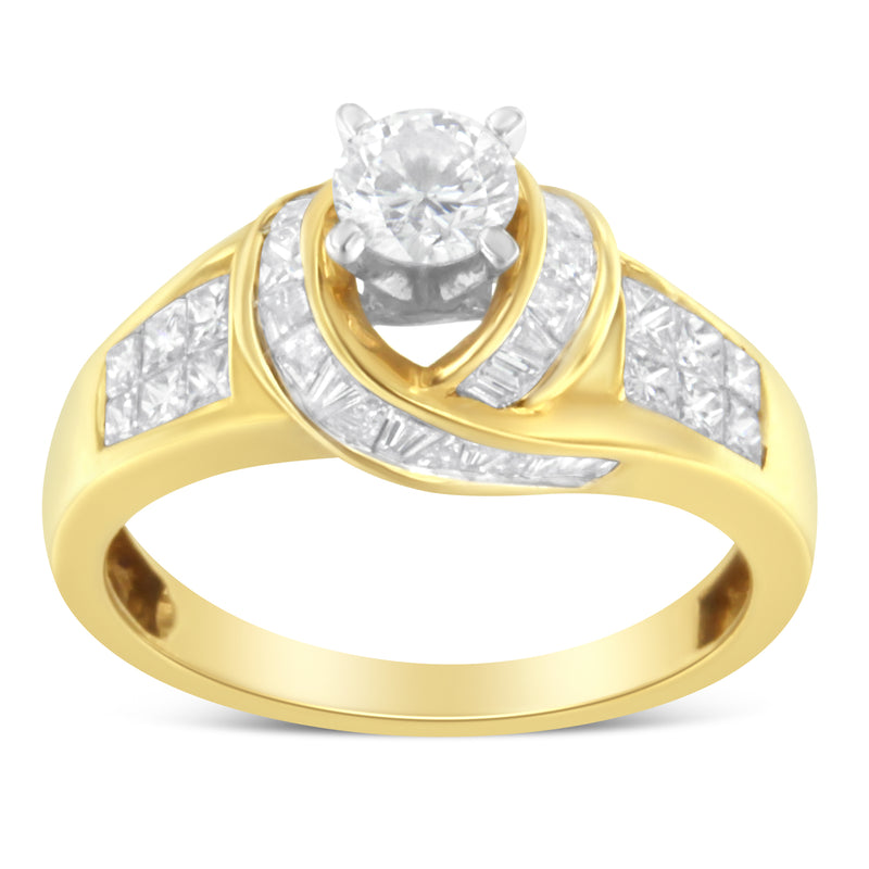 14K Two-Toned Gold Round, Baguette and Princess Cut Diamond Ring (1 1/8 Cttw, H-I Color, SI2-I1 Clarity) - Size 6