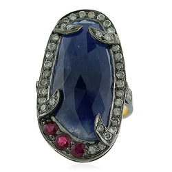 16ct Blue Sapphire Ruby Pave Diamond Cocktail Ring 18k Gold 925 Silver Jewelry