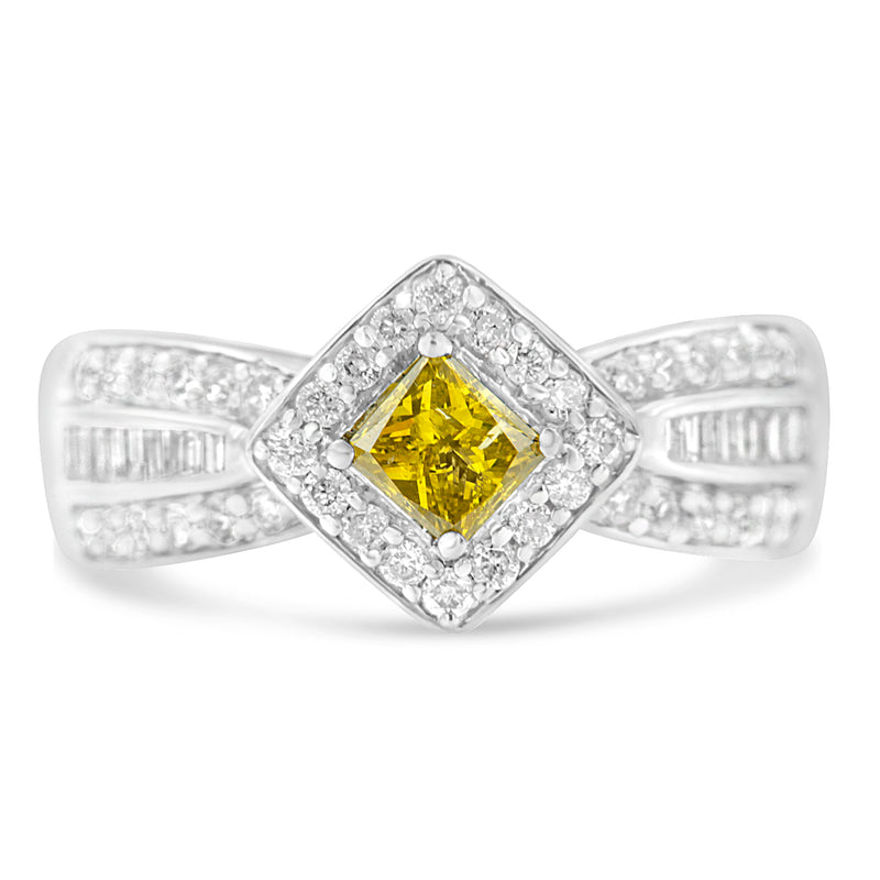 14K White Gold 1ct TDW Round Baguette and Treated Yellow Princess Diamond Tapered Ring(H-I I1-I2)