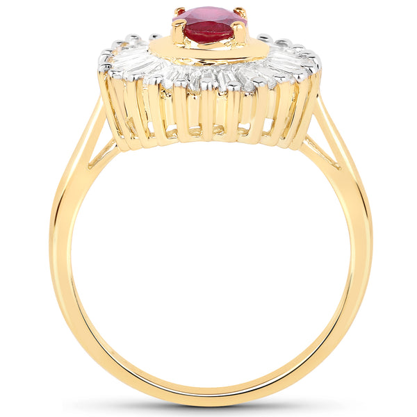 14K Yellow Gold Plated 2.44 Carat Glass Filled Ruby and White Topaz .925 Sterling Silver Ring