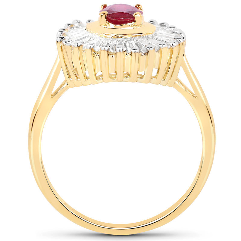 14K Yellow Gold Plated 2.44 Carat Glass Filled Ruby and White Topaz .925 Sterling Silver Ring