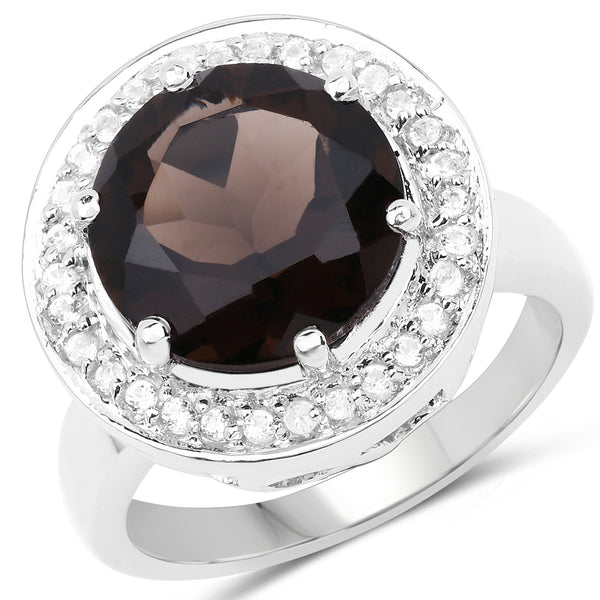 4.52 Carat Genuine Smoky Quartz and White Topaz .925 Sterling Silver Ring