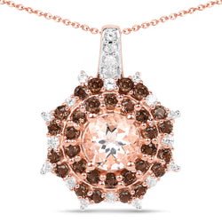 18K Rose Gold Plated 1.61 Carat Genuine Morganite, Smoky Quartz and White Zircon .925 Sterling Silver Pendant