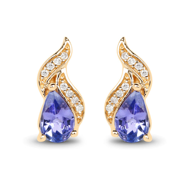 0.79 Carat Genuine Tanzanite and White Diamond 14K Yellow Gold Earrings