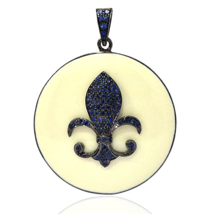 925 Sterling Silver Pave Blue Sapphire Fleur De Lis Pendant Enamel Jewelry