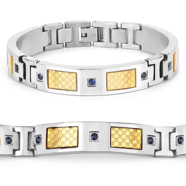 Mens Titanium Bracelet, Titanium Mens Bracelet with Gold Plated Steel Inlay, 0.72ctw. Natural Blue Sapphire Rounds