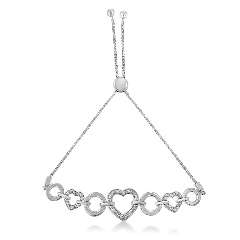 .925 Sterling Silver Diamond Accent Interlinking Triple Heart 4”-10” Adjustable Bolo Tennis Bracelet (H-I Color, I2-I3 Clarity)