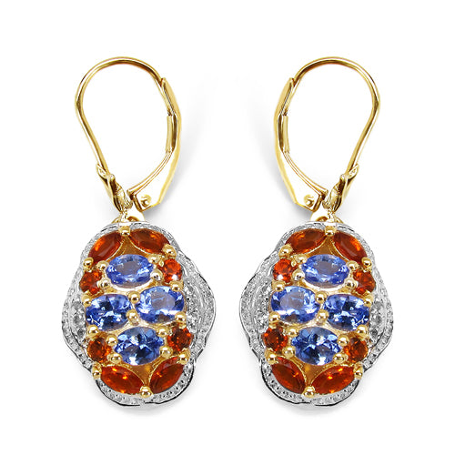 14K Yellow Gold Plated 2.22 Carat Genuine Tanzanite, Citrine & White Topaz .925 Sterling Silver Earrings