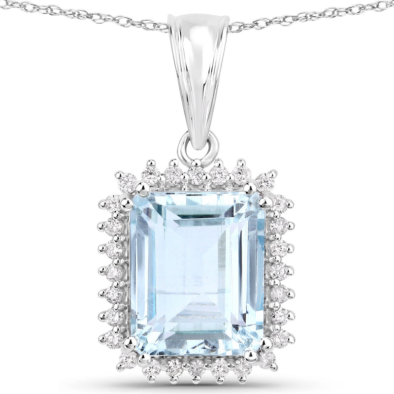 4.60 Carat Genuine Aquamarine and White Diamond 14K White Gold Pendant