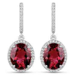 6.86 Carat Genuine Royal Pink Tourmaline and White Diamond 14K White Gold Earrings