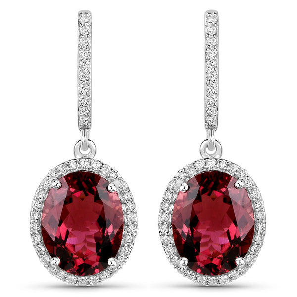 6.86 Carat Genuine Royal Pink Tourmaline and White Diamond 14K White Gold Earrings