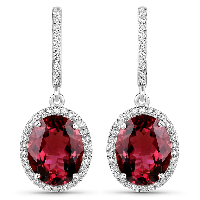 6.86 Carat Genuine Royal Pink Tourmaline and White Diamond 14K White Gold Earrings