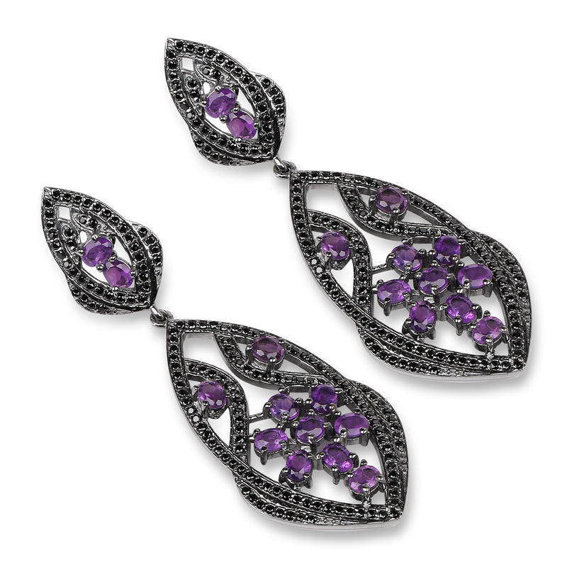 5.74 Carat Genuine Amethyst and Black Spinel .925 Sterling Silver Earrings