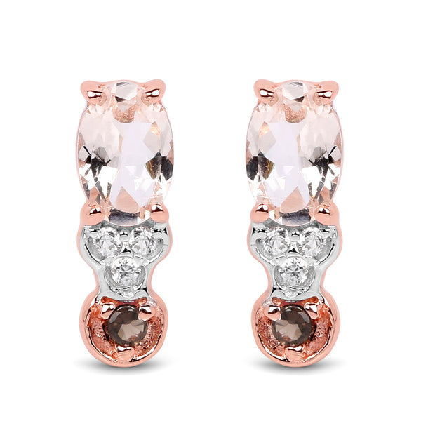 18K Rose Gold Plated 0.97 Carat Genuine Morganite, Smoky Quartz and White Zircon .925 Sterling Silver Earrings