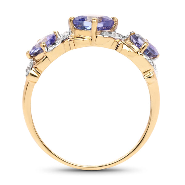 14K Yellow Gold Plated 1.20 Carat Genuine Tanzanite and White Topaz .925 Sterling Silver Ring