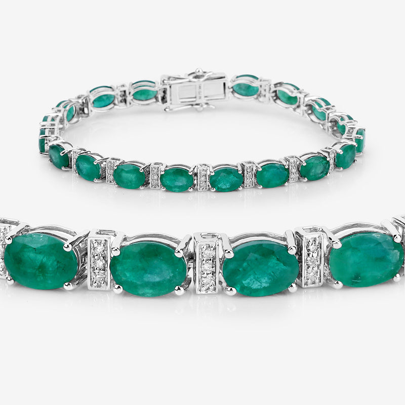 14.05 Carat Genuine Zambian Emerald and White Diamond 14K White Gold Bracelet