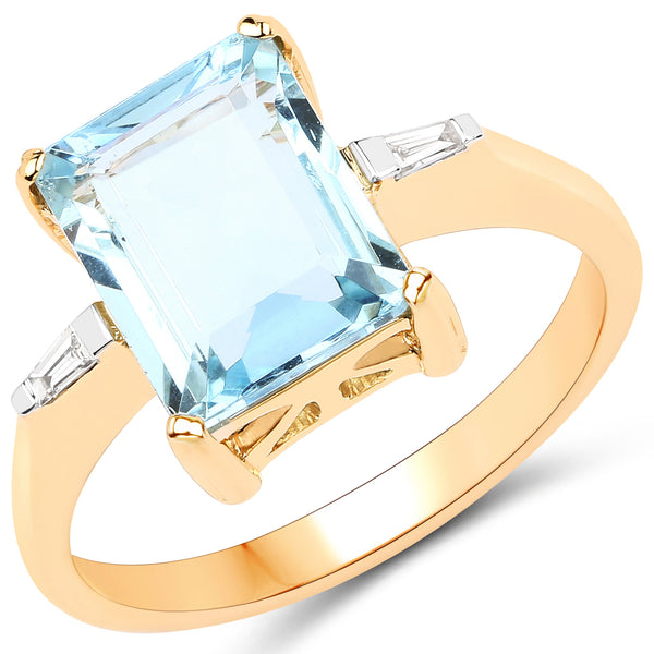 2.92 Carat Genuine Aquamarine and White Diamond 14K Yellow Gold Ring