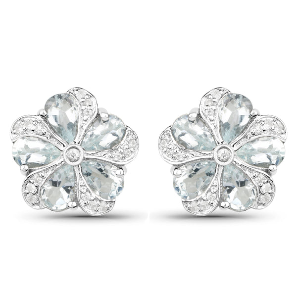 3.81 Carat Genuine Aquamarine and White Zircon .925 Sterling Silver Earrings