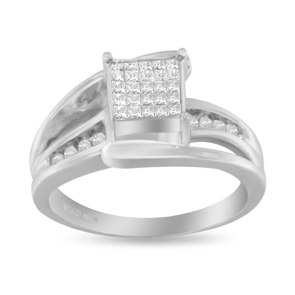 10K White Gold 1/3 Cttw Invisible Set Princess-cut Diamond Cluster Bypass Ring (H-I Color, SI1-SI2 Clarity) - Ring Size 7