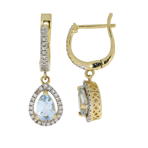 Aquamarine Diamond Dangle Earrings 14KT Yellow Gold