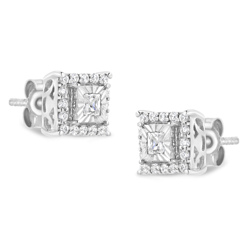 .925 Sterling Silver 1/4 Cttw Princess and Round Cut Diamond Halo Stud Earrings (I-J Color, I2-I3 Clarity)