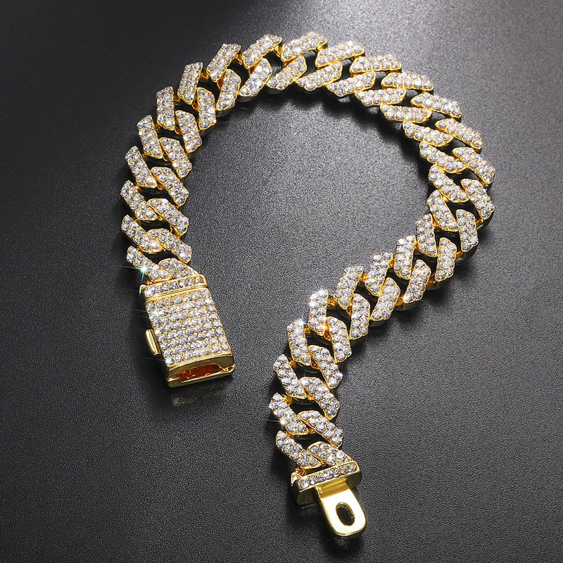 Hip Hop 13MM Cuban Chain 3PCS Watch+Necklace+Bracelet Bling Crystal Iced Out Rhinestones Cuban Chains For Women Men Jewelry Gift