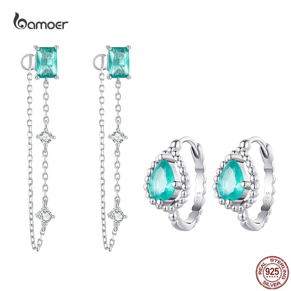 925 Sterling Silver Dewdrop Hoop Earrings with Aqua Chain Studs for Women