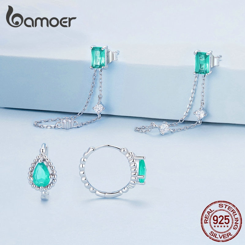 925 Sterling Silver Dewdrop Hoop Earrings with Aqua Chain Studs for Women