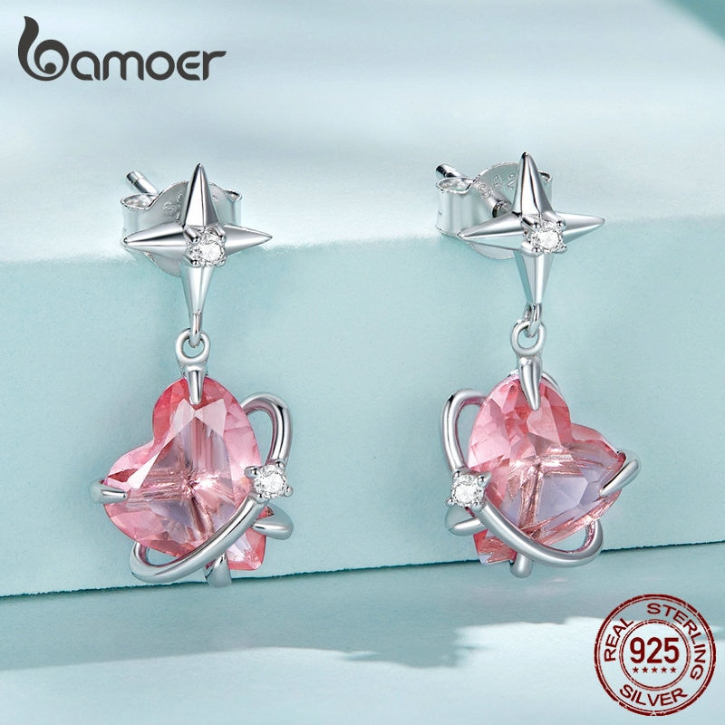 925 Sterling Silver Pink Heart Planet Stud Earrings for Women