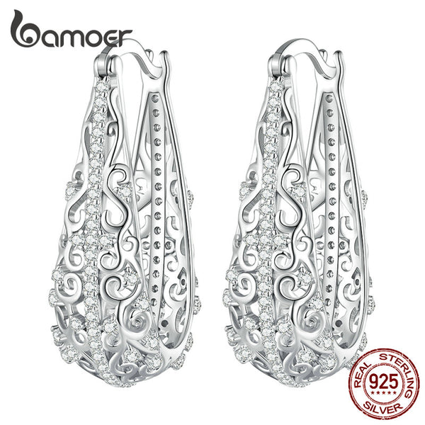 Sterling Silver Designer Pattern Hoop Earrings with Zircon for Women