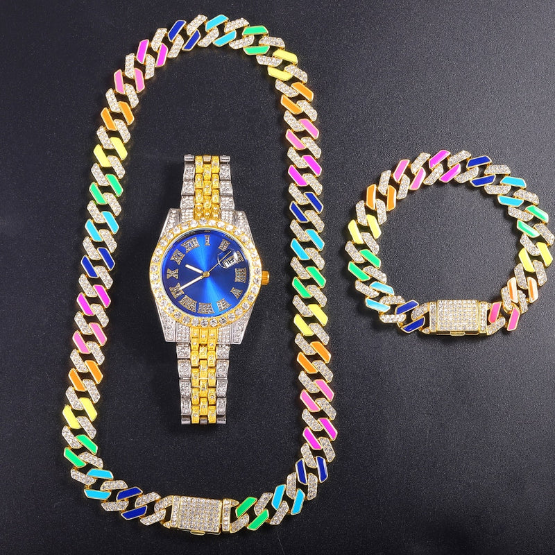 Hip Hop 13MM Cuban Chain 3PCS Watch+Necklace+Bracelet Bling Crystal Iced Out Rhinestones Cuban Chains For Women Men Jewelry Gift