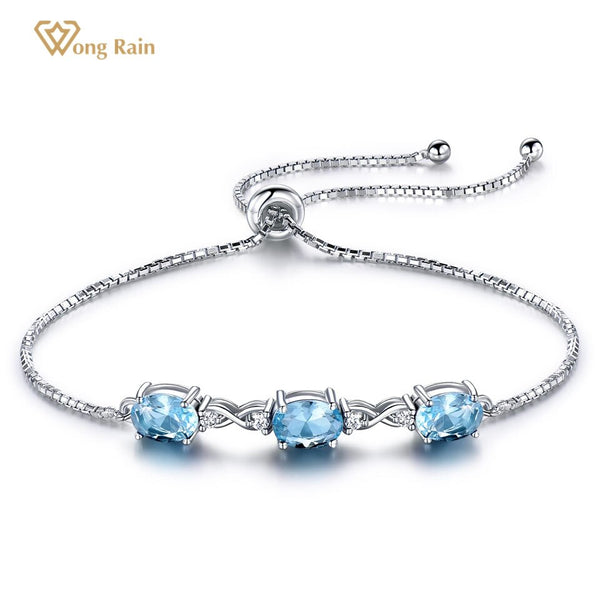 Wong Rain 925 Sterling Silver Blue Topaz Oval Gemstone Charm Bracelet