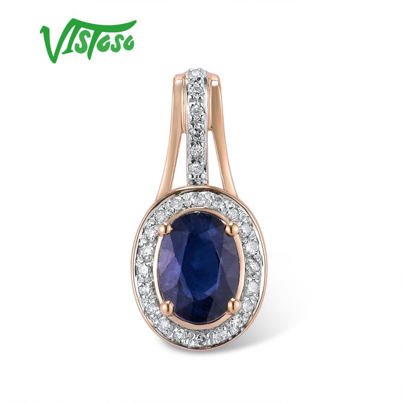 VISTOSO Genuine 14K 585 Rose Gold Sparkling Diamond Blue Sapphire Delicate Necklace Pendant