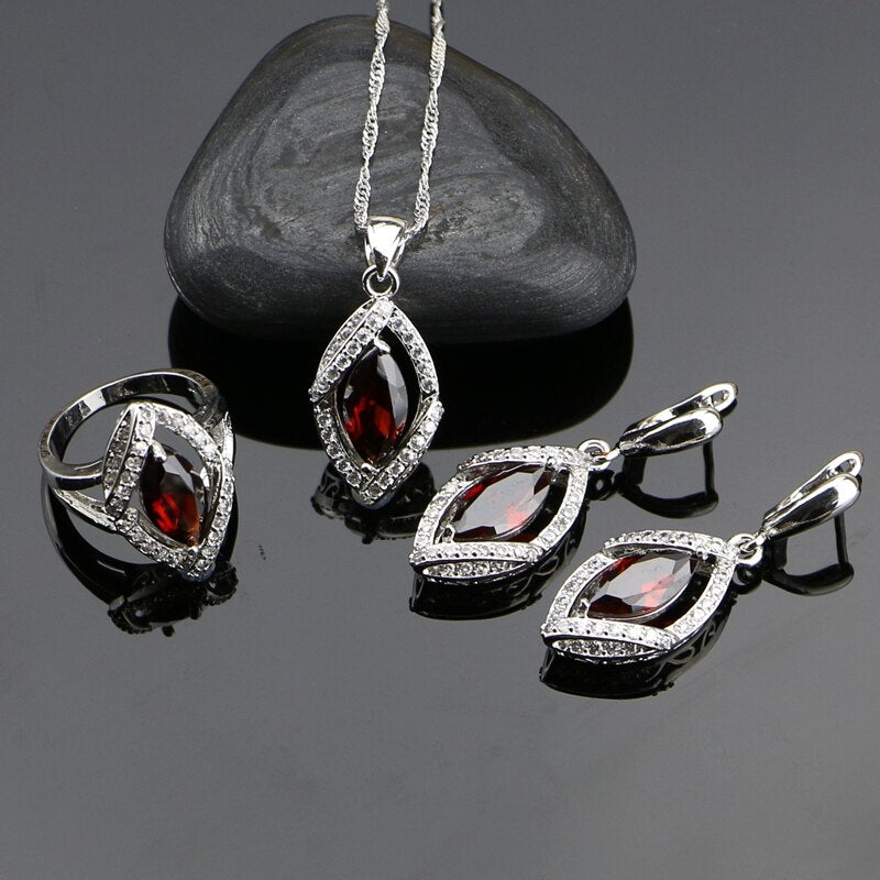 925 Sterling Silver Red CZ and White Zircon Jewelry Set for Women