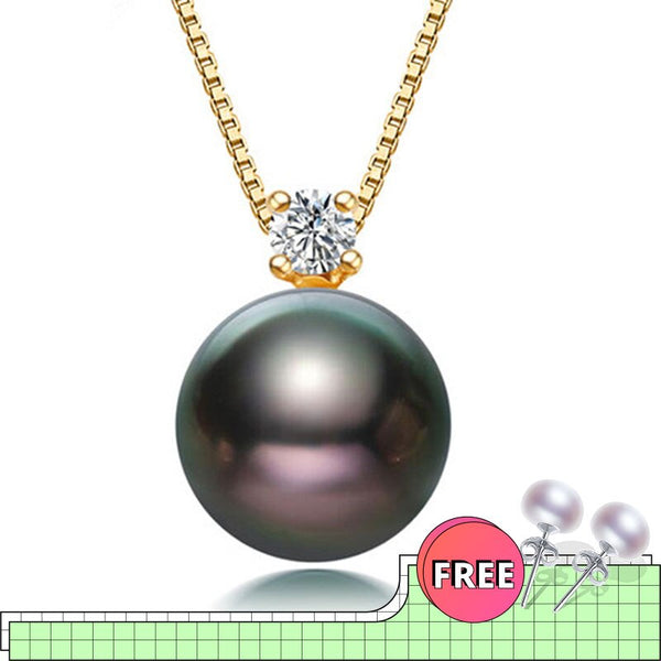 18k Gold Natural Black Tahitian Pearl Necklace Pendant for Women