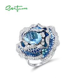 Sterling Silver Blue Flower Enamel Ring for Women