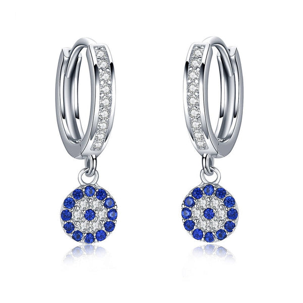 Sterling Silver Blue Zircon Evil Eye Hoop Earrings for Women