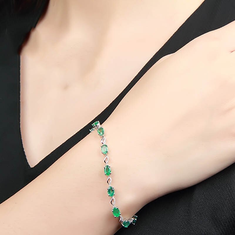 Bague Ringen Created Emerald Gemstone Bracelet in 925 Sterling Silver