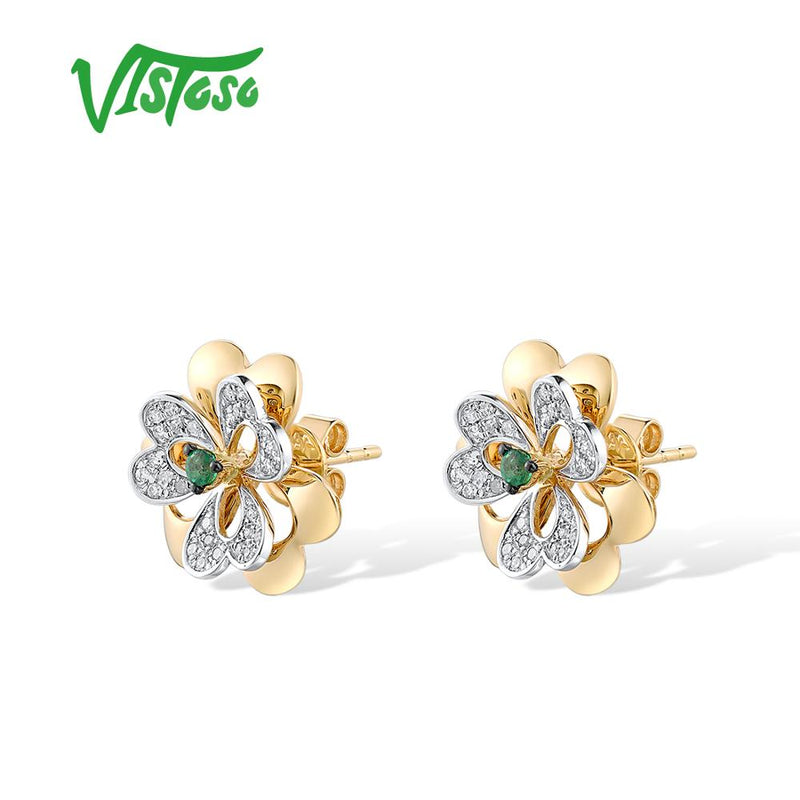 14K Yellow Gold Emerald Diamond Flower Stud Earrings for Women