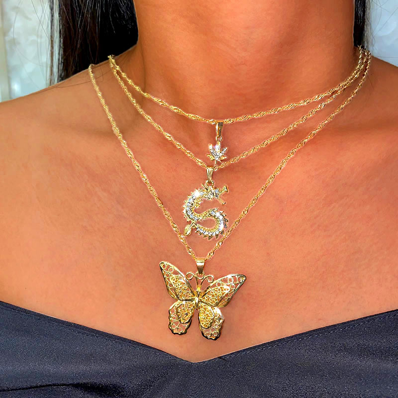 Trendy Bohemian Multilayer Gold Butterfly Snake Coin Cross Crystal Necklaces