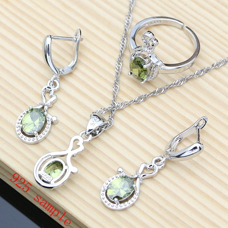 Sterling Silver Olive Green Topaz Earrings, Bracelet & Necklace Set for Women