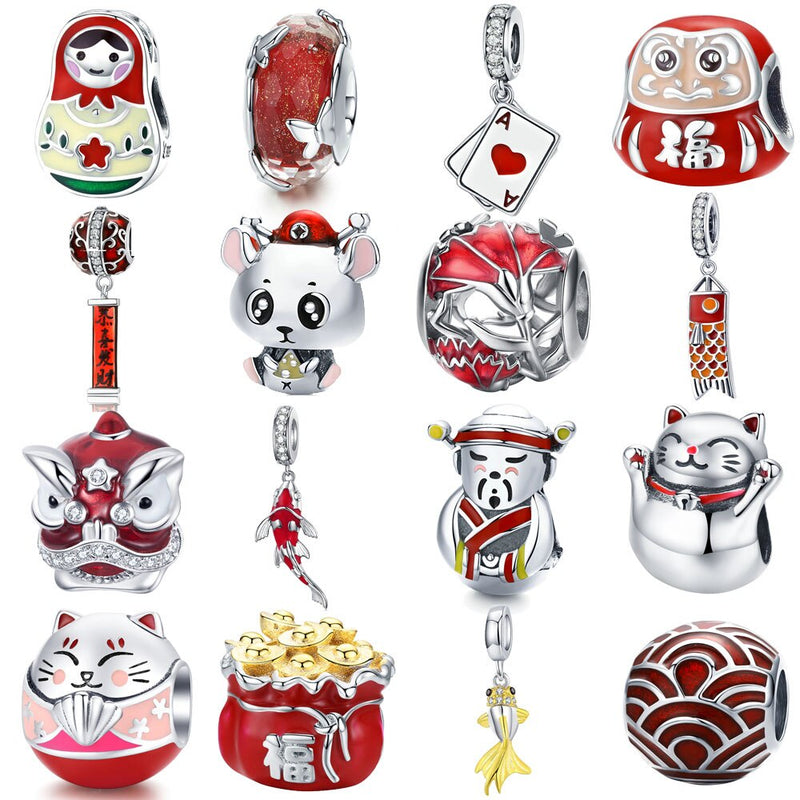 BISAER Red Beads fit Pandora Original Bracelets 925 Sterling Silver