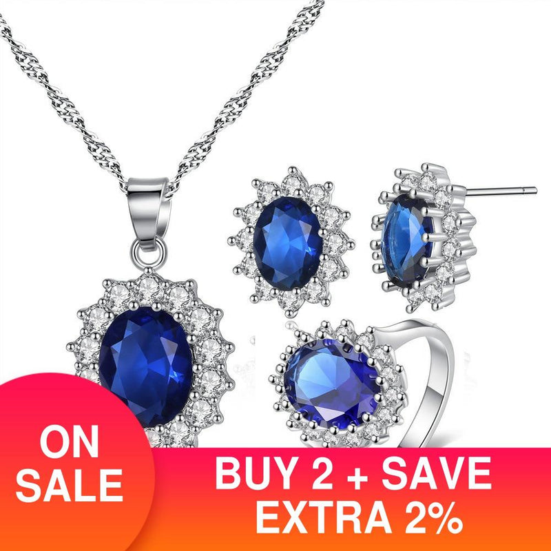 Luxury 925 Sterling Silver Blue Zircon Sunflower Necklace Earrings & Ring Jewelry Set
